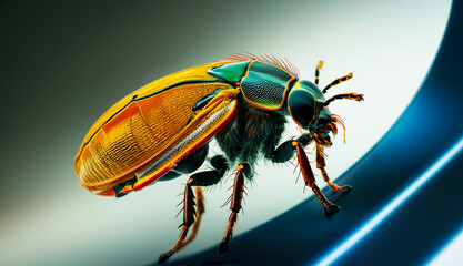 Naklejka premium Close-Up of a Beetle on a Metallic Surface with Abstract Lighting