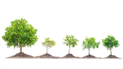 Growth stages of a tree, depicted from sprouting seed to full-grown tree. Isolated on white background
