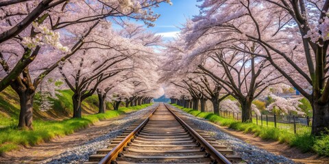 Sakura railway scene with cherry blossom trees lining the tracks, Sakura, railway, scene, cherry blossom, trees, tracks