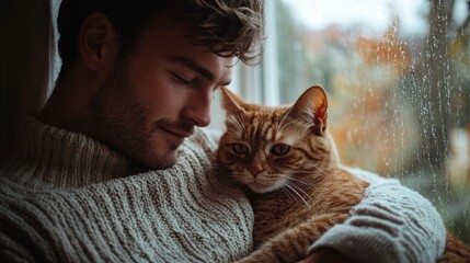 240802 17. Man in a sweater cuddling with tabby cat, window seat nook overlooking garden, romantic pastel tones, Candid Photography, morning, Happy mood, natural ambient lighting highlighting cat's