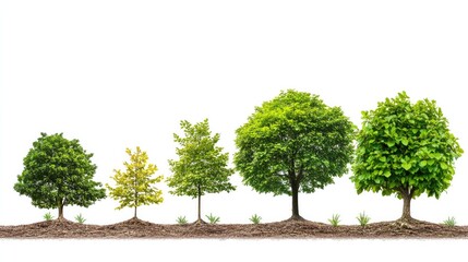 Growth stages of a tree, illustrated from seedling to large tree, showing development clearly. White background