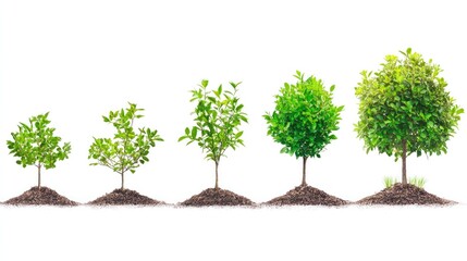 Growth stages of a tree, illustrated from sprout to mature tree, clearly showing development. White background