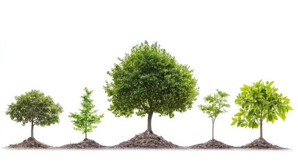 Illustration of tree growth, from seedling to mature tree, showing each development stage. Isolated on white