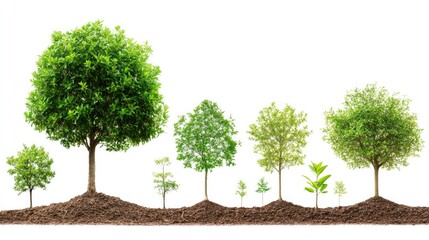 Illustration of tree growth, from seedling to mature tree, clearly depicting each stage. Isolated on white background
