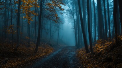 Obraz premium Foggy road through dense autumn forest with eerie lighting and tall trees