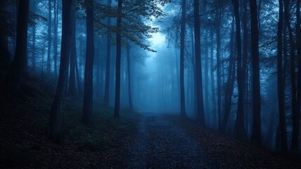 Fototapeta premium Mysterious foggy forest path surrounded by tall trees