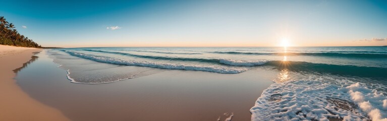 Fototapeta premium Serene Beach Landscape with Clear Blue Sky, Sun Glow, Turquoise