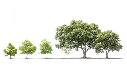 Illustration of tree growth stages, from seedling to mature tree, isolated on a clean white background
