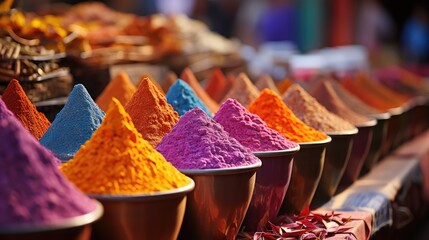 Colorful and exotic spice market in Marrakech in Morocco, a vibrant and unique summer travel background, with bright spices  
