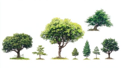 Life cycle of a tree, with illustrations of growth from seed to full maturity. Isolated on a white background