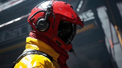 Fototapeta premium Fierce Advanced Soldier Poster: Stunning Red Helmet and Yellow Jacket Against Industrial Backdrop - Perfect for High-Tech Sports Interiors