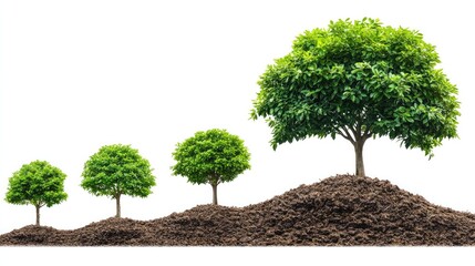 Tree life cycle, illustrated from seed to mature tree, showing growth stages. Isolated on white