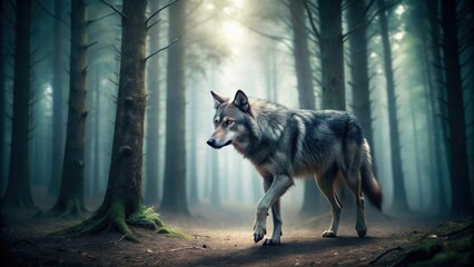 A wild wolf walking through a dark and mysterious forest, wolf, woods, wilderness, nature, predator, animal, wildlife