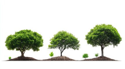 Tree life cycle illustrated, showing growth from seed to full-grown tree in stages. Isolated on white
