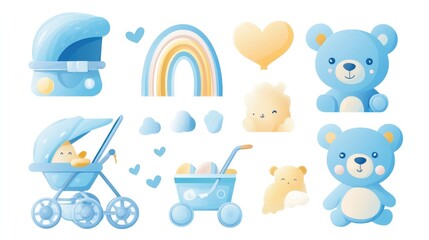 Naklejka premium Adorable blue toy set, including vector illustrations of a stroller, bear, and rainbow. White background