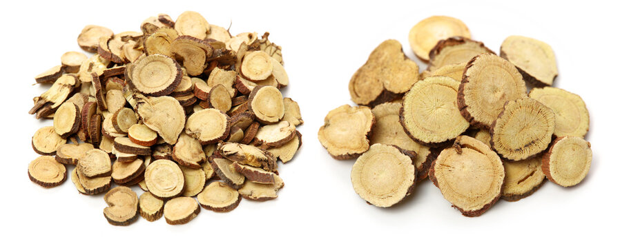 Licorice roots on white background