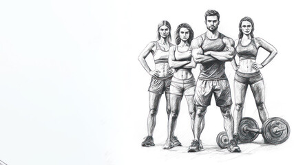 Pencil sketch outline of A group of sports person exercise at gym