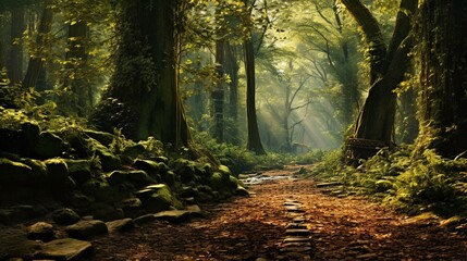 Obraz premium Sunbeams Illuminating a Mossy Forest Path