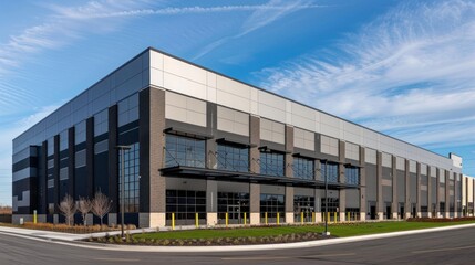 Obraz premium Modern Industrial Warehouse at Sunset with Clear Sky