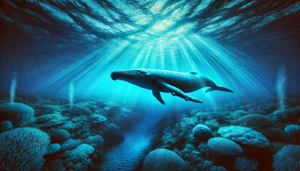 Fototapeta premium 海中のシロナガスクジラと太陽光2