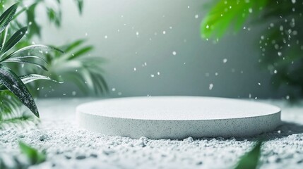 240804 62. The snow ground with subtle texture, round step floor centered for showcasing items, blurred green leaf plant nature background providing depth, elegant minimalism aesthetic, muted color