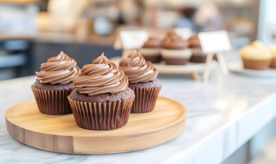 chocolate cupcakes in a light brown wooden plate, Generative AI
