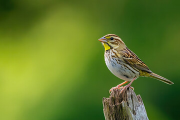Sparrow Perched on Wooden Post with Vibrant Green Background