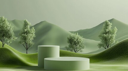 240804 26. Grass podium cylindrical stand for product display, green background, nature scene with trees and mountains, 3D rendering of abstract space with floating geometric shapes, photorealistic