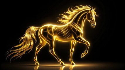 Silhouette of a majestic horse glowing in gold against a black background, equestrian, animal, silhouette, gold, majestic