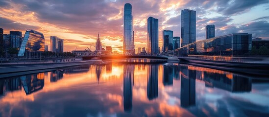 skyscrapers reflecting in calm water of river near bridge against cloudy sunset sky