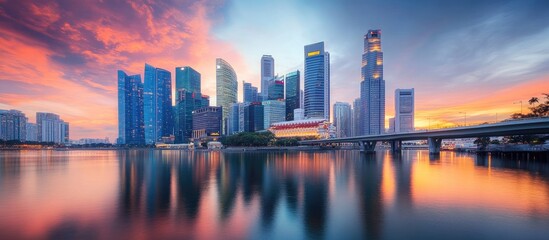 Fototapeta premium skyscrapers reflecting in calm water of river near bridge against cloudy sunset sky