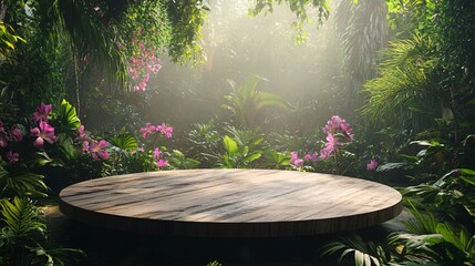 240804 52. Pedestal platform display made of weathered wood, outdoors tropical garden forest with vibrant flowers, natural stage surrounded by exotic plants, beige concept product aesthetic, misty