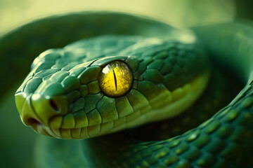 Fototapeta premium A vibrant green snake with striking yellow eyes resting among foliage in a lush environment during daylight.