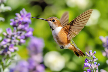 Fototapeta premium Vibrant Hummingbird Hovering Near Lavender Flowers in a Lush Garden