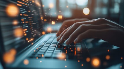 Close-up of hands typing on keyboard with keyword research tools on monitor for SEO optimization and data analysis