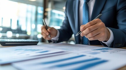 The Architect of Success: Businessman meticulously analyzes financial data, strategizing his next move in the corporate arena