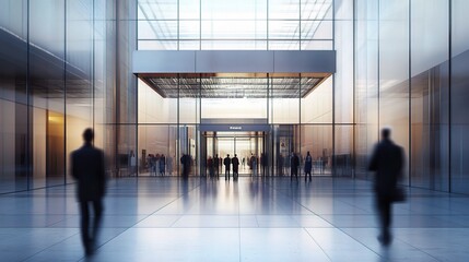 Corporate Hub: The bustling heart of a modern glass skyscraper, with blurred businessmen traversing the sleek lobby.