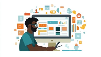 SEO Expert Crafting Keyword Strategy in Minimalist Flat Illustration Style for Online Advertising Concept