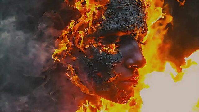A person's face engulfed in flames and smoke.