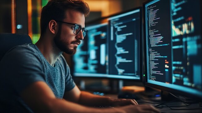 Code in the Night: A focused programmer navigates lines of code on multiple monitors, embodying the dedication of tech professionals in a dimly lit setting. 