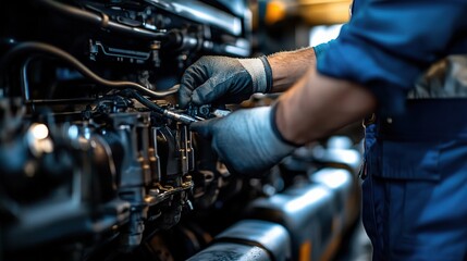 Fototapeta premium Mechanic at Work: A close-up of a mechanic's gloved hands working on the engine of a large truck, highlighting the intricate details and precision required for automotive maintenance.