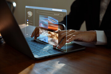 Woman using laptop with Ai assistant. command to create something, Generate images by artificial...