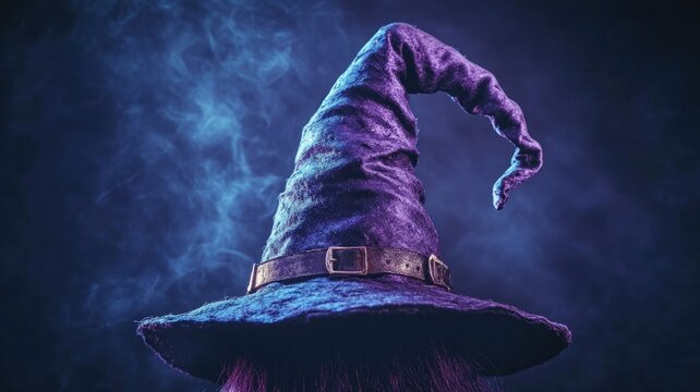 Purple wizard hat with buckle, background hazy