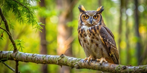 Obraz premium Great horned owl perched on a branch in the forest, owl, bird, wildlife, predator, feathers, nature, animal