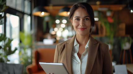 Fototapeta premium Young happy business woman working with tablet in corporate office