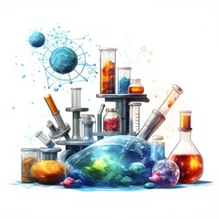 laboratory glassware with liquid,Chemistry lab watercolor with new science on white background,
