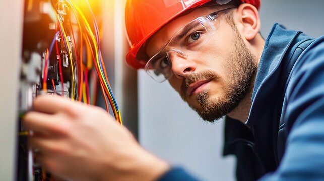 Focused Electrician at Work: A skilled electrician meticulously connects wires in a close-up shot, highlighting the expertise and precision required in electrical work. 
