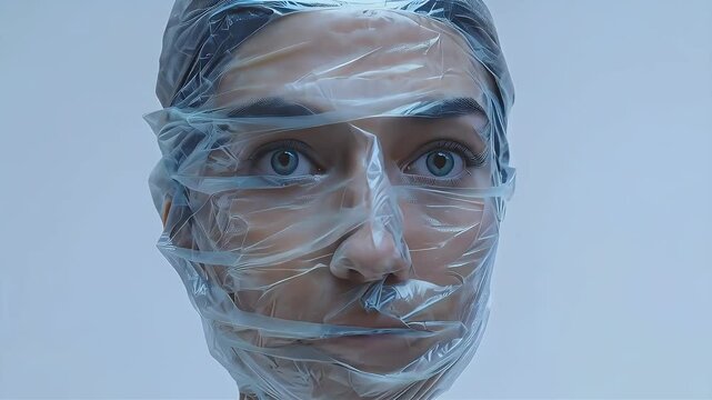 A woman's face is covered in plastic wrap, emphasizing a sense of suffocation and confinement.