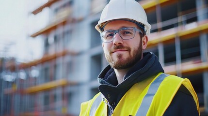 Fototapeta premium Construction Worker Confidence: A portrait of a confident construction worker in a hard hat and safety vest, looking directly at the camera with a determined smile on his face. 