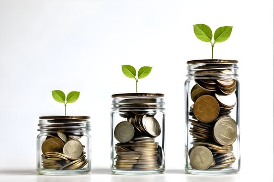 The coin and graph symbolize economic growth and financial progress, while the plant and green color emphasize a commitment to sustainable development and ecological balance.